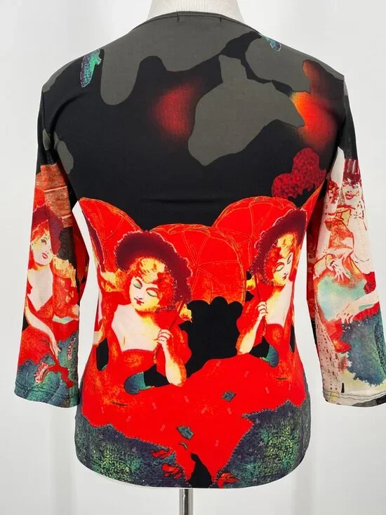 Vintage 90s Jessica Max Cabaret Graphic Top Mesh Sleeve Size M - Picture 3 of 9